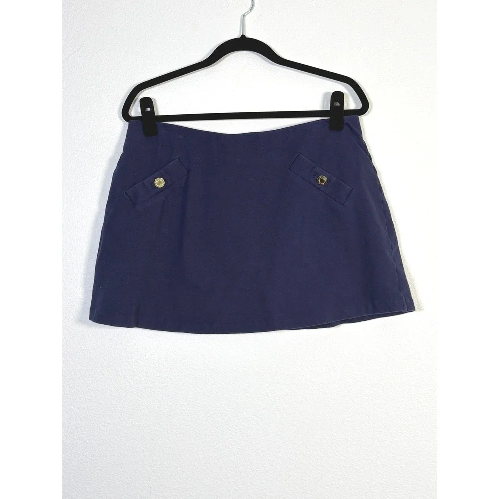 Lilly Pulitzer Navy Blue Knit Skort Gold Logo Button Mini Skirt Large